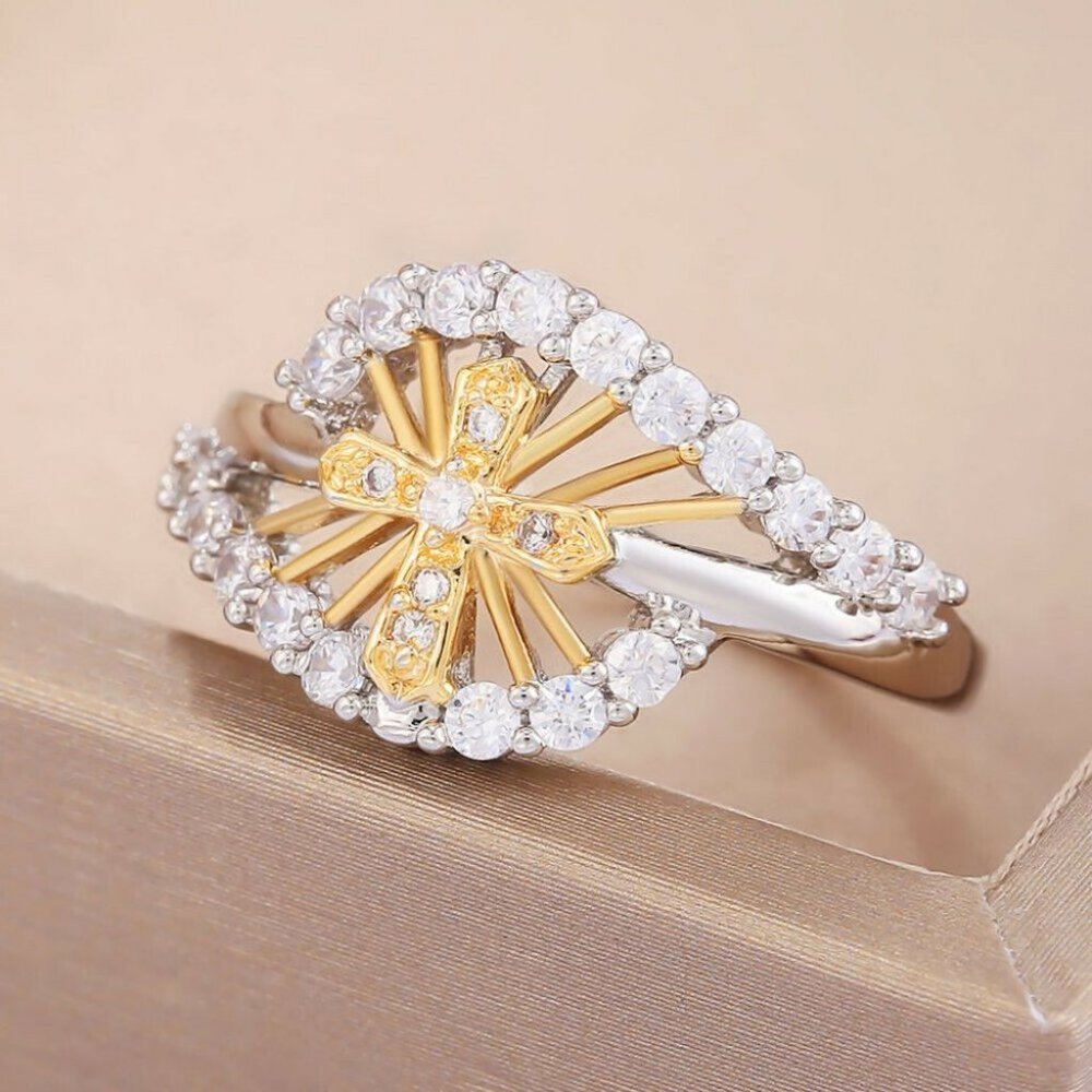 Gorgeous Two-Tone Gold Sterling Silver Diamond Cross Ring - Picture 5 of 5